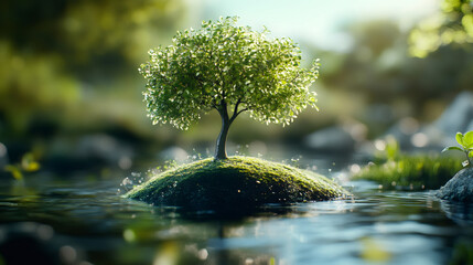 Poster - Tranquil and idyllic nature scene featuring a lush green tree growing on a small island in the middle of a peaceful river