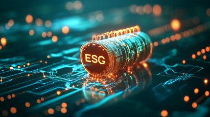 Poster - Cutting-edge esg investing concept featuring printed circuit board and glowing cylinder