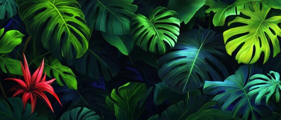 Wall Mural - Botanical illustration. Tropical seamless pattern. Rainforest, jungle. Palm leaves, monstera, colocasia, banana