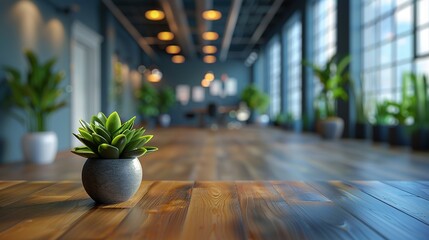 Poster - Potted plant sits on a wooden table in a large room with windows