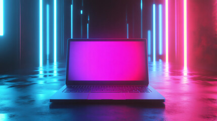 Aufkleber - Laptop with blank gradient screen lit up by blue and pink neon lights in a contemporary dark space