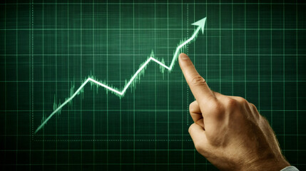 Poster - Illustrating business and investment success with an upward trend on a financial chart displayed on a digital screen and hand pointing
