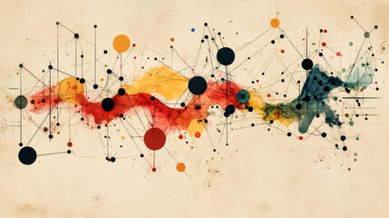 Poster - Vibrant watercolor splashes and network lines connecting dots create an abstract representation of communication on textured canvas