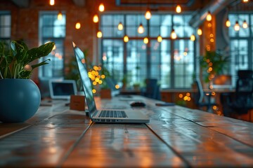 Poster - Laptop is on a wooden table in a room with a potted plant