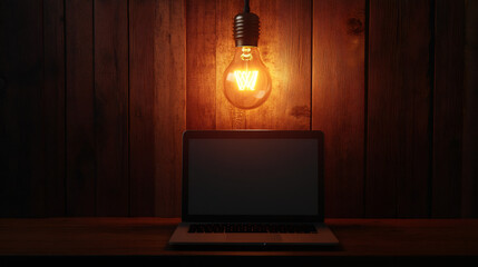 Poster - laptop screen illuminated by a light bulb with a w filament, representing website creation and onlin