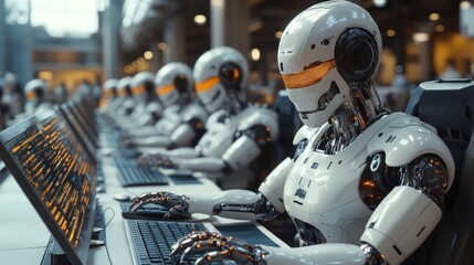 Poster - Robots working at computers in futuristic environment