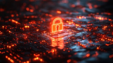 Poster - Digital lock symbol on glowing circuit background