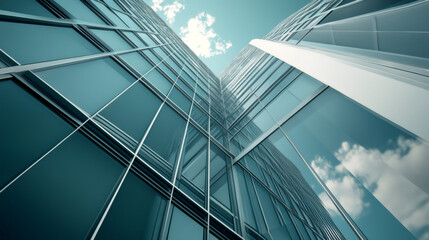 Fototapete - Urban architecture and design: modern glass skyscrapers reaching towards the cloudy sky from a low angle view