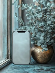 Poster - A phone is sitting on a table next to a plant