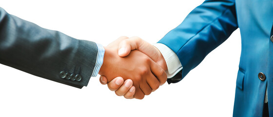 Poster - Closeup of two people shaking hands, wearing formal suits, isolated on a white background. Represents teamwork, agreement, and partnership. Ai generative