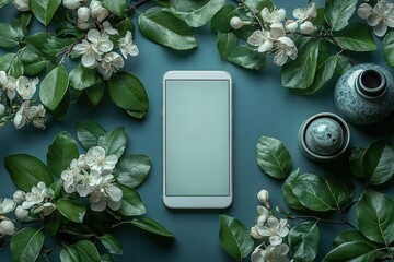 Poster - A white cell phone is sitting on a table next to a vase and some leaves