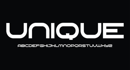 Poster - futuristic minimalist display font design, alphabet, typeface, letters and numbers, typography.

