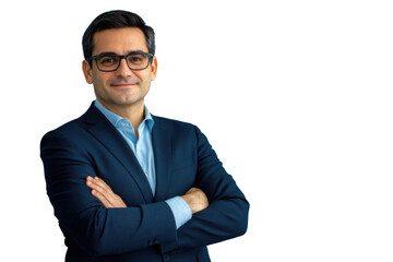 business man in glasses and formal clothes looking at viewer with confidence and friendly smile, sta