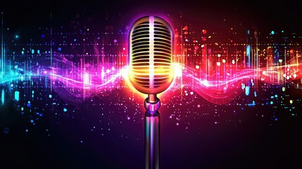 Poster - Vector design of a podcast microphone with sound waves on a bright background 