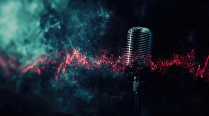 Poster - Subtle podcast-themed background with audio waves and mic graphics on a dark backdrop 