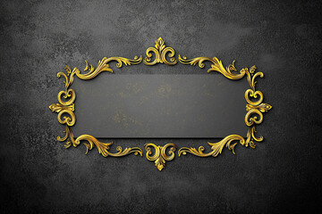 Rectangular black banner with a gold ornate frame on a dark textured background. Concept of luxury, elegance, vintage, frame.