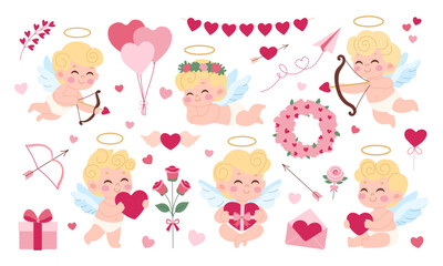 Wall Mural - a set of cartoon cupids characters with hearts and flowers. one of the characters is holding a rose.