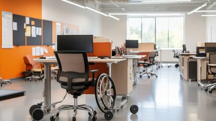 Poster - A wheelchair sits at an empty desk in a modern, bright office.  The space features orange accents and plenty of natural light.