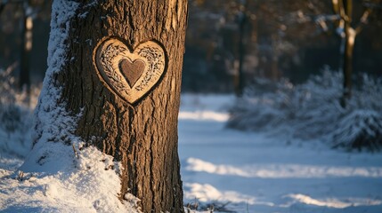 Poster - A carved heart on a snow-covered tree trunk in a wintery forest.  Nature's romantic symbol against a soft, snowy background.