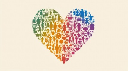Poster - A vibrant rainbow heart filled with diverse people and symbols of love and community. A celebration of unity and togetherness.
