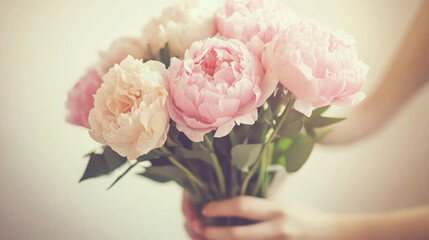 Wall Mural - A beautiful bouquet of pink and white peonies held gently in a person's hands.