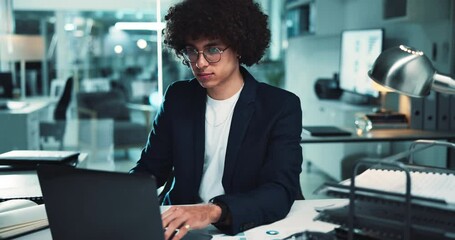 Poster - Office, businessman and laptop for data analysis in finance agency with typing, research and charts. Male person, tech and documents for investment in working late for growth, stock market and audit