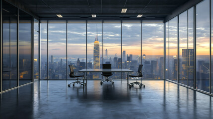 Poster - Meeting room with large windows showcasing breathtaking view of illuminated new york city skyline at sunset