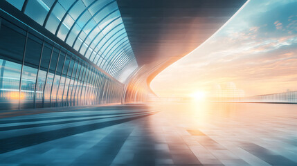 Canvas Print - Empty modern building interior with curved glass roof, tiled floor and city skyline at sunrise