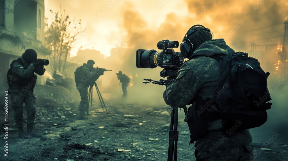 War photographer and cameraman documenting a battle amidst smoke and ...