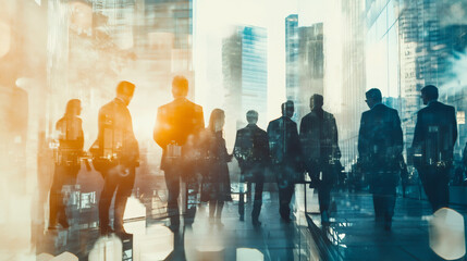 Poster - Business people walking together in a modern cityscape at sunset, representing teamwork, collaboration, and success in the corporate world