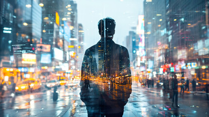 Canvas Print - Businessman walking away from camera with blurry cityscape double exposure effect at night