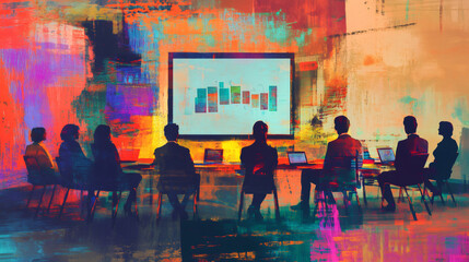 Canvas Print - Business people sitting at a table with laptops, watching a presentation of bar graphs on a large screen in a colorful grunge meeting room