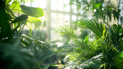 Poster - Sunlight illuminates vibrant green leaves in a greenhouse, creating a tranquil and natural atmosphere