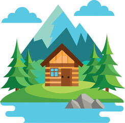 Wall Mural - Vector illustration white background Cartoon woods cabin by the river with mountains