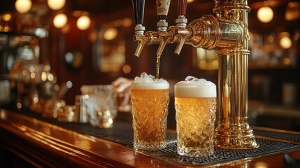 Wall Mural - Bartender pouring beer into glasses with ice on a bar.