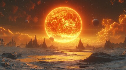 A distant alien planet with rugged terrain, illuminated by the fiery glow of a red giant star on the horizon