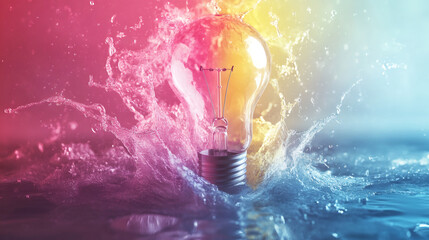 Aufkleber - Light bulb emerges from a vibrant water splash, symbolizing the birth of fresh, innovative ideas