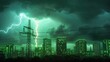 © prime stock - A dark, stormy city skyline illuminated by green light and lightning, creating an eerie atmosphere with towering skyscrapers and power lines. natural disaster zone, Catastrophe