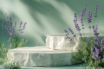 Wall Mural - A serene display with lavender flowers on textured stone platforms against a soft green backdrop.