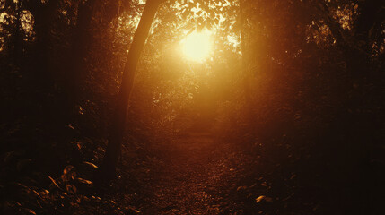 Wall Mural - A serene forest path illuminated by the warm glow of the setting sun.