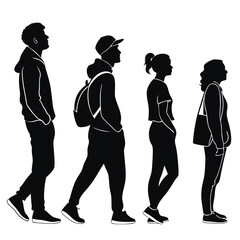 Wall Mural - A man and three women are walking down the street. One of the women is carrying a backpack