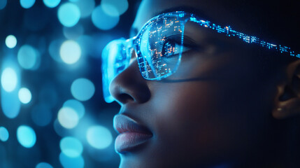 Fototapete - Software engineer with futuristic smart glasses displaying lines of code on the lenses, set against a backdrop of blurred blue lights in a close-up shot