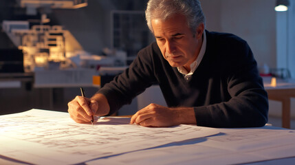 Poster - Senior engineer working late at night, meticulously drawing blueprints and focusing on intricate details in the office workspace