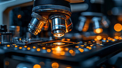 Poster - Close up of microscope with illuminated lenses and dark background