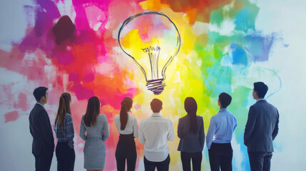 Poster - Business team looking at colorful wall with light bulb painting, brainstorming for new ideas
