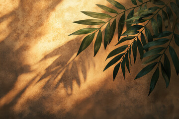 Wall Mural - A textured background with a branch of leaves casting shadows.