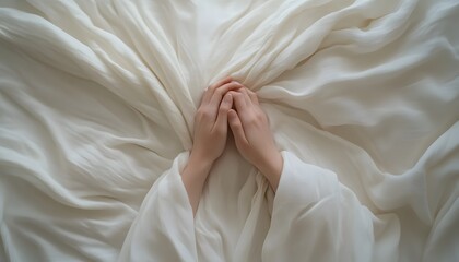 Poster - Soft and Serene: Hands Nestled in Flowing White Fabric Creating a Calming and Peaceful Atmosphere of Elegance and Tranquility in a Cozy Surrounding