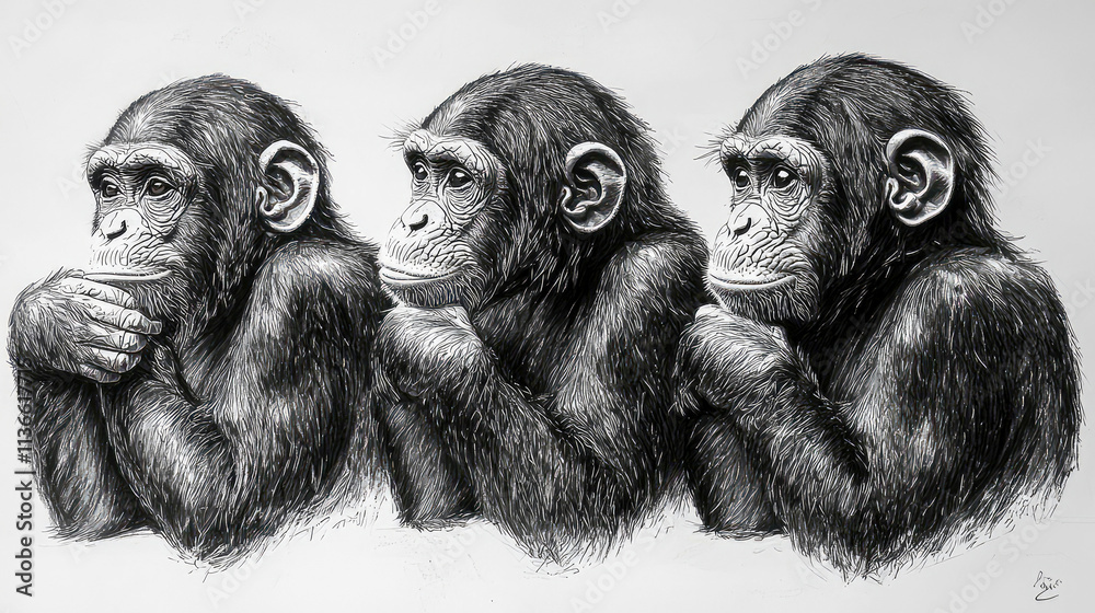 Three chimpanzees in a row, see no evil, hear no evil, speak no evil ...