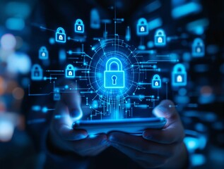 Aufkleber - Hands holding a device, showcasing a network of digital locks, symbolizing robust cybersecurity.
