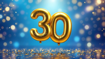 Aufkleber - Thirty years, marked by shimmering gold balloons against a vibrant blue backdrop.